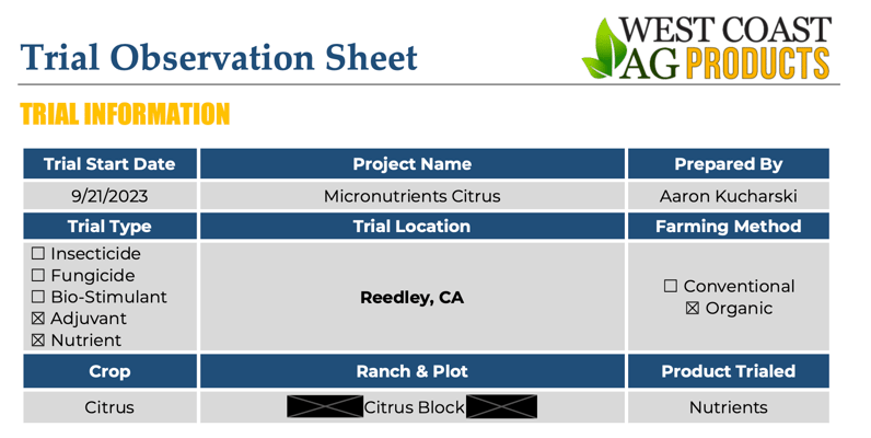 A screenshot of the Citrus nutrient report trial observation sheet