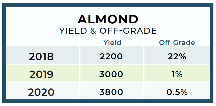 A table diagram showing the yield and off-grade results on Almonds after using NanoCrop between 2018-2020