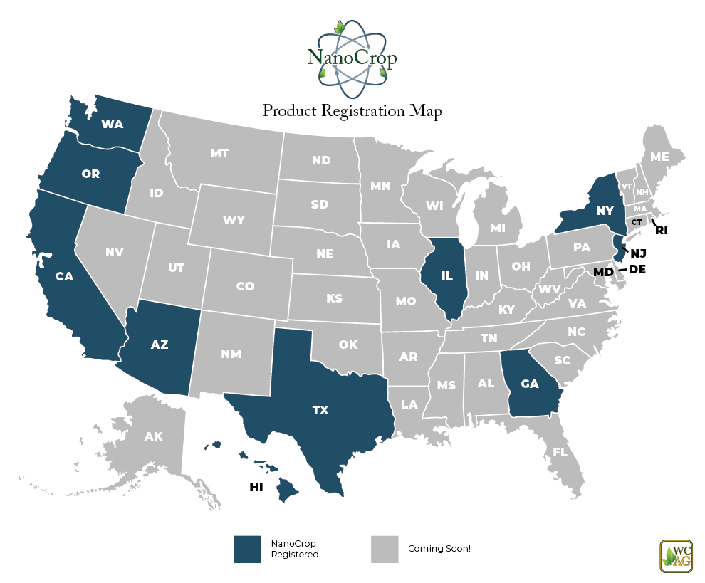 Map of the states in America where NanoCrop is registered.