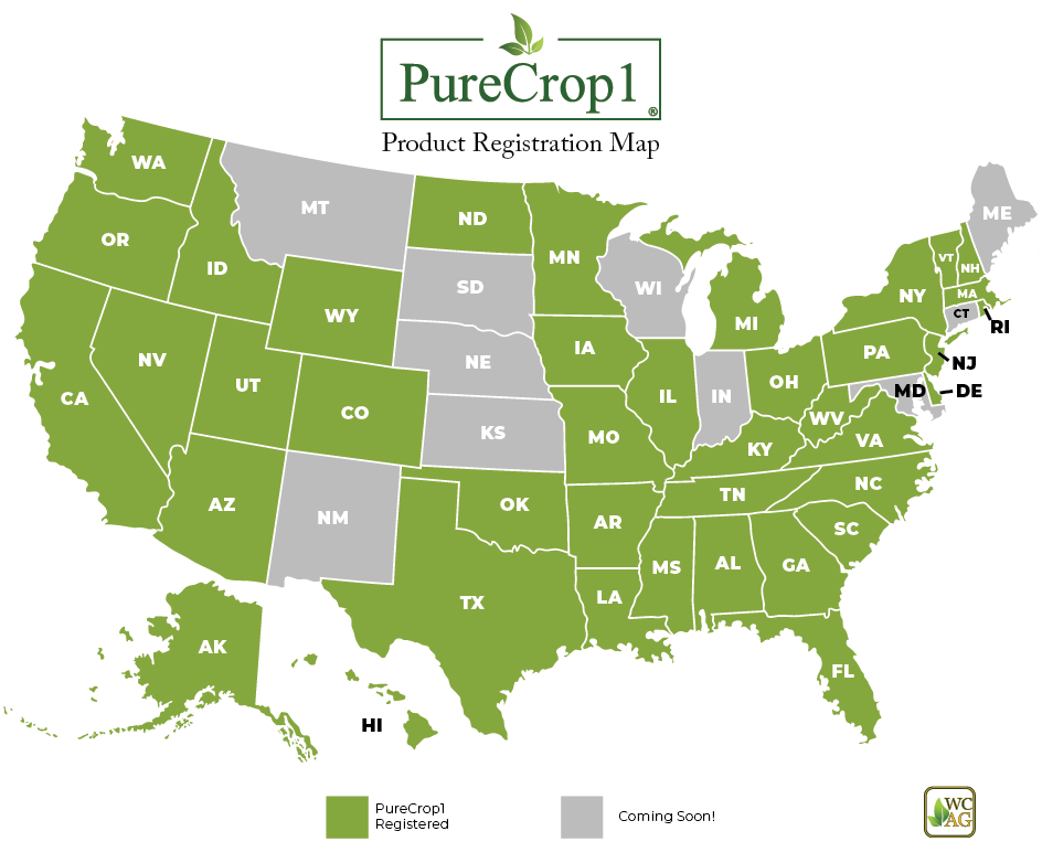 Map of the states in America where PureCrop1 is registered